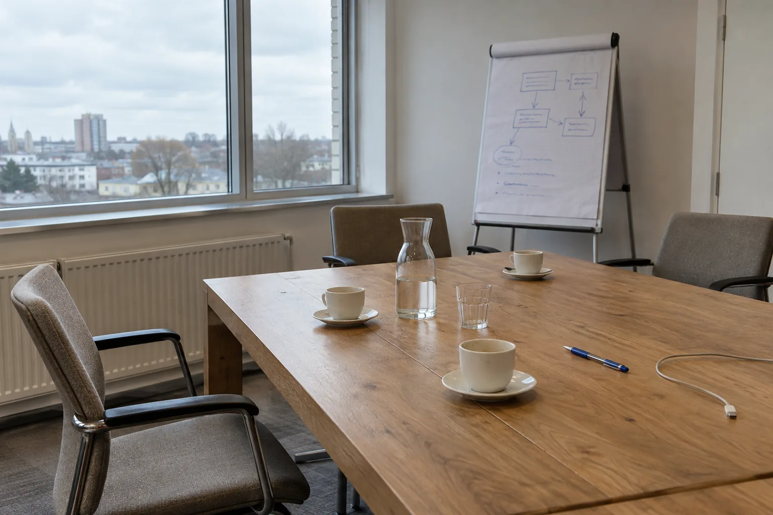 Vergaderzaal na een presentatie, met lege stoelen, koffiekopjes en het plan nog op de flipover.