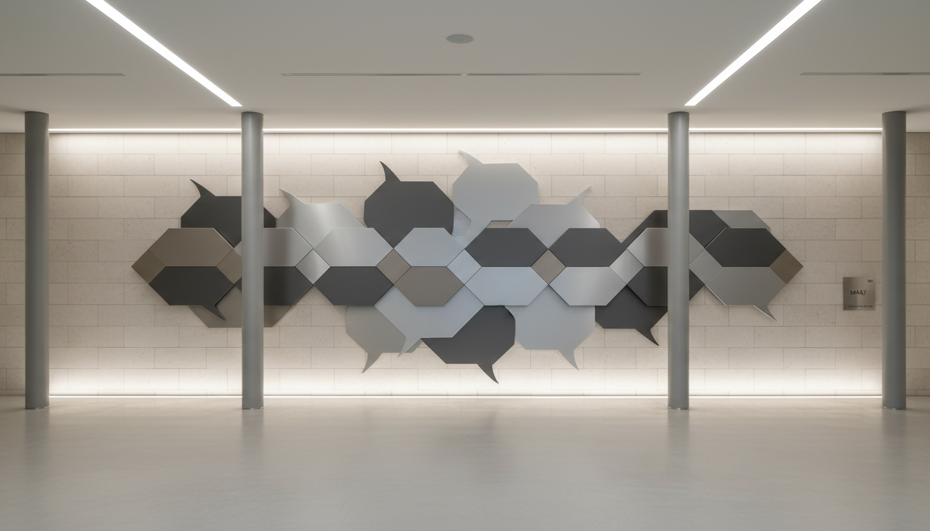 A geometric, modernist wall installation made of interlocking panels in matte neutral grays and muted taupe, constructed from brushed aluminum and smooth composite. The piece suggests layered speech bubbles and arrows, symbolizing the flow of communication and insight. Positioned on a light stone wall in a spacious, immaculate lobby with pale gray flooring and structured architectural elements. Wall-washing LED lighting emphasizes the subtle relief and shadow interplay between the raised panels, creating a tranquil yet dynamic atmosphere. Shot straight-on, offering sharp focus throughout for clarity. The minimalist, corporate photographic style reinforces themes of transparency, openness, and structured communication that are core to Maas 247’s services.