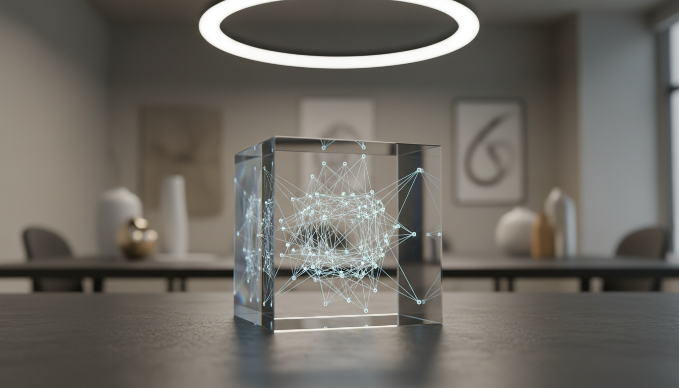 A pristine transparent acrylic cube intricately etched with fine lines forming a network of abstract nodes and connections, symbolizing behavioral patterns and interconnectedness. Set atop a slate-gray, lightly textured tabletop in a bright, open workspace, the background reveals blurred outlines of geometric office decor in soft neutral tones. Overhead, a ring of soft LED lighting imparts cool, even illumination, creating crisp reflections on the cube’s edges and delicate highlights along the etched lines. The mood is analytical and innovative, evoking clarity and depth. Captured from a slight low angle, the cube dominates the frame in a photographic, minimalistic style, emphasizing the intersection of behavior, data, and clarity in strategic communication.